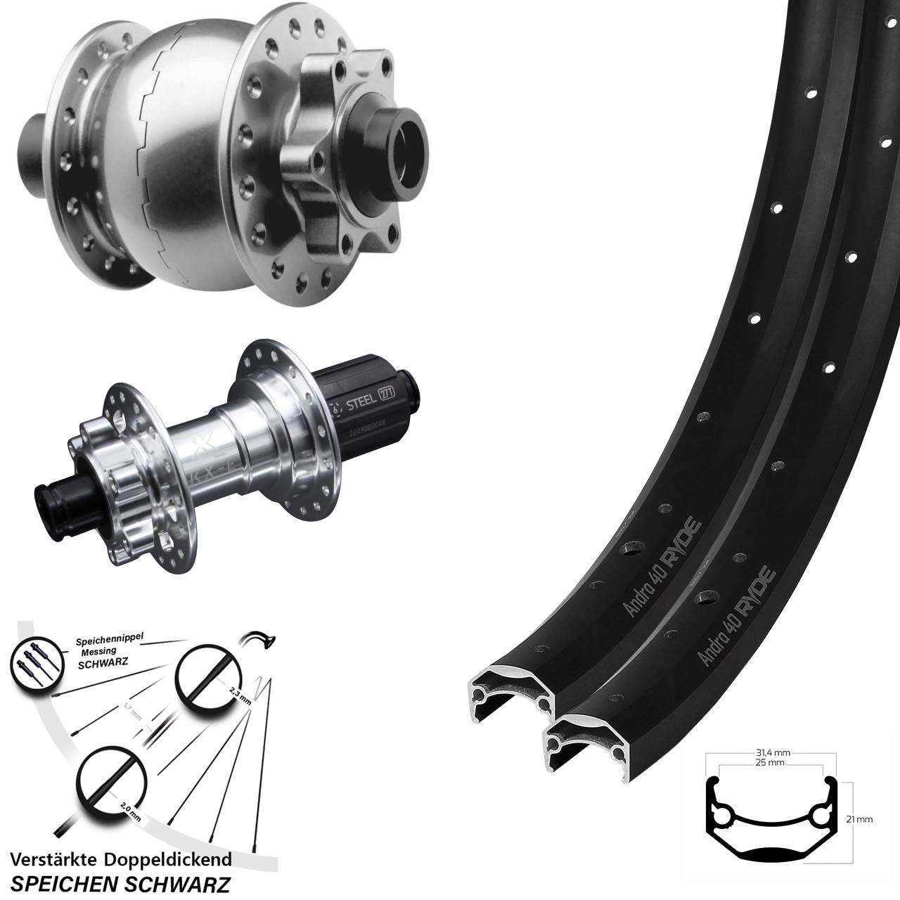 Ryde Andra 40 KX-E verstärkt SON 28 650B Disc Laufrad-Satz 15x100 12x142 8-12 fach