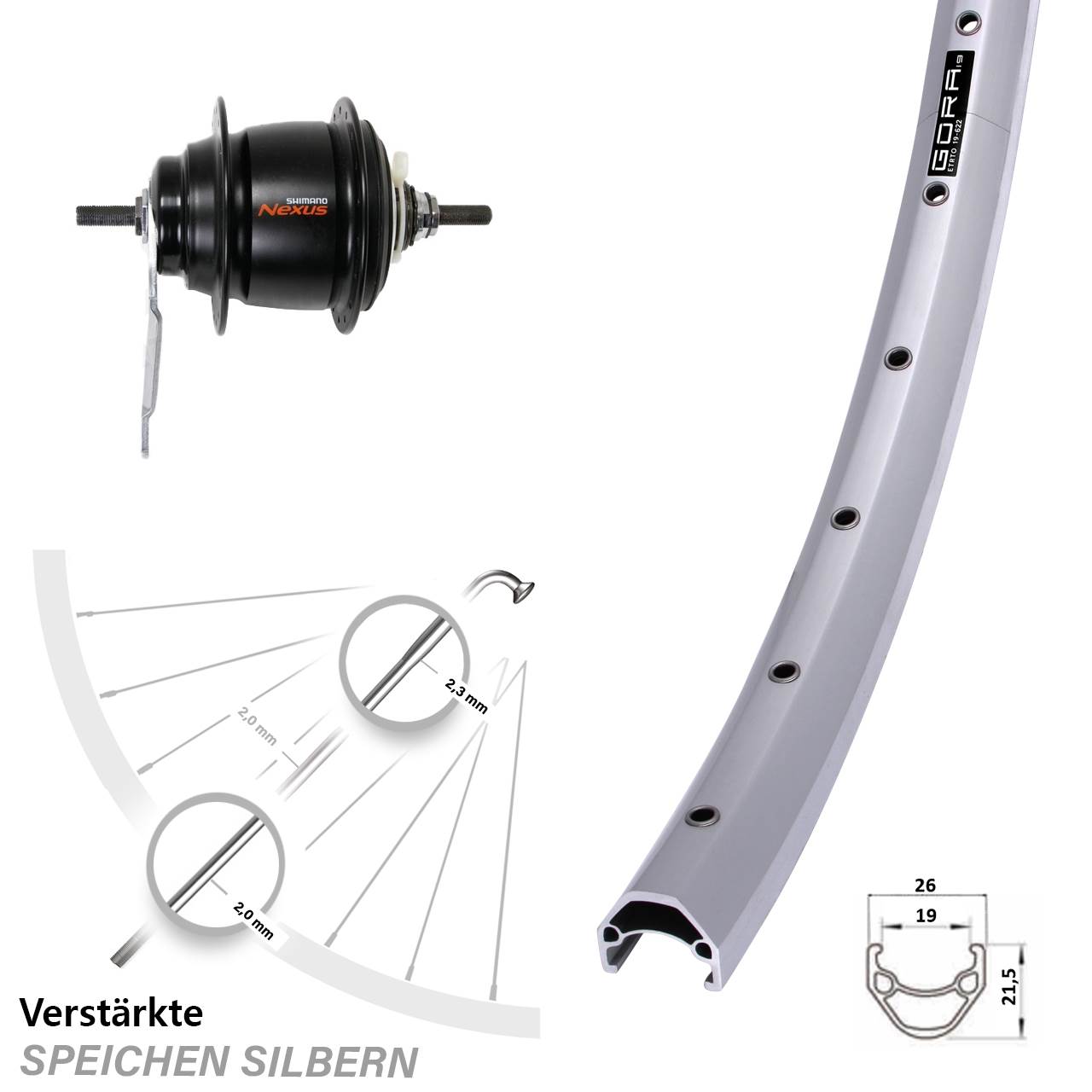 28 Zoll Hinterrad Shimano Nexus 8 Gang Rücktritt Gora 19 silbern