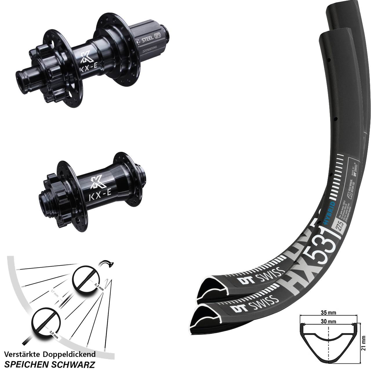 DT Swiss HX 531 Laufradsatz 29 Zoll E-Bike 6-loch 15x100 12x142 mm KX-E verstärkt HG