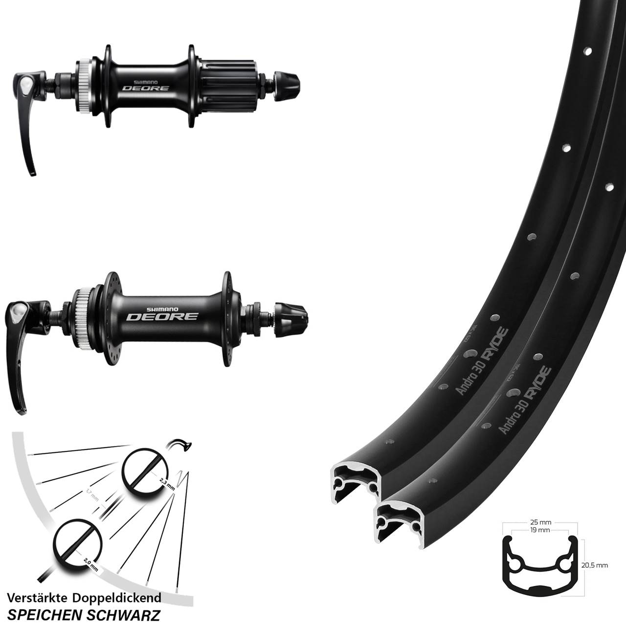 Disc Laufradsatz 28 Zoll Ryde Andra 30 Shimano Deore 8-11 fach für Schnellspanner