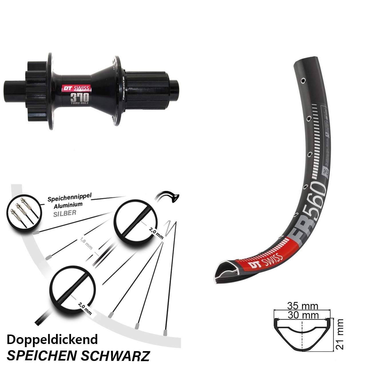 Hinterrad 6-Loch 26 Zoll DT Swiss FR 560-370 Hybrid 8-11 fach 12x142