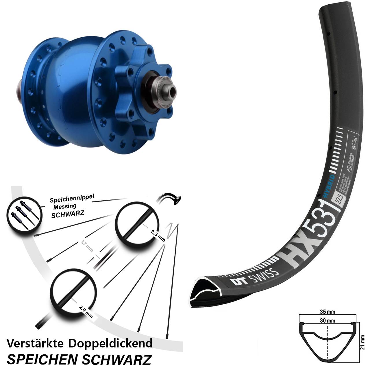 6-Loch Vorderrad mit Nabendynamo QR 29 Zoll DT Swiss HX531 SON 28 blau
