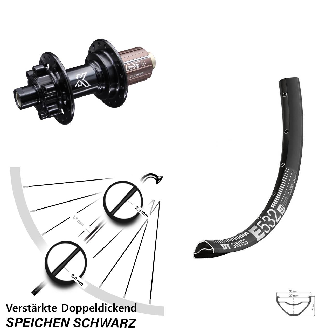 Disc Hinterrad 12x142 29 Zoll DT Swiss E 532 KX-M Shimano Anti-Bite 8-12 fach