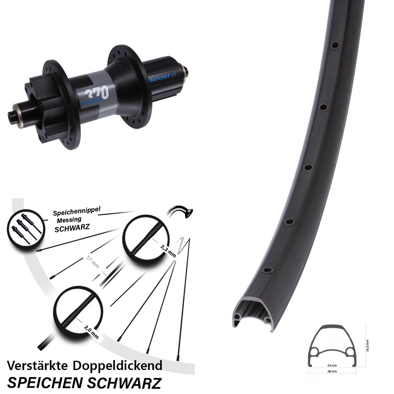 28 Zoll Ambrosio Sport DT Swiss 370 Hybrid Boost Hinterrad 6-Loch QR 8-11 fach