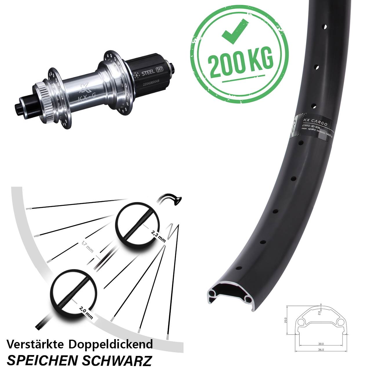 Disc Hinterrad QR 20 Zoll KX-GS Cargo verstärkt 8-12 fach HG