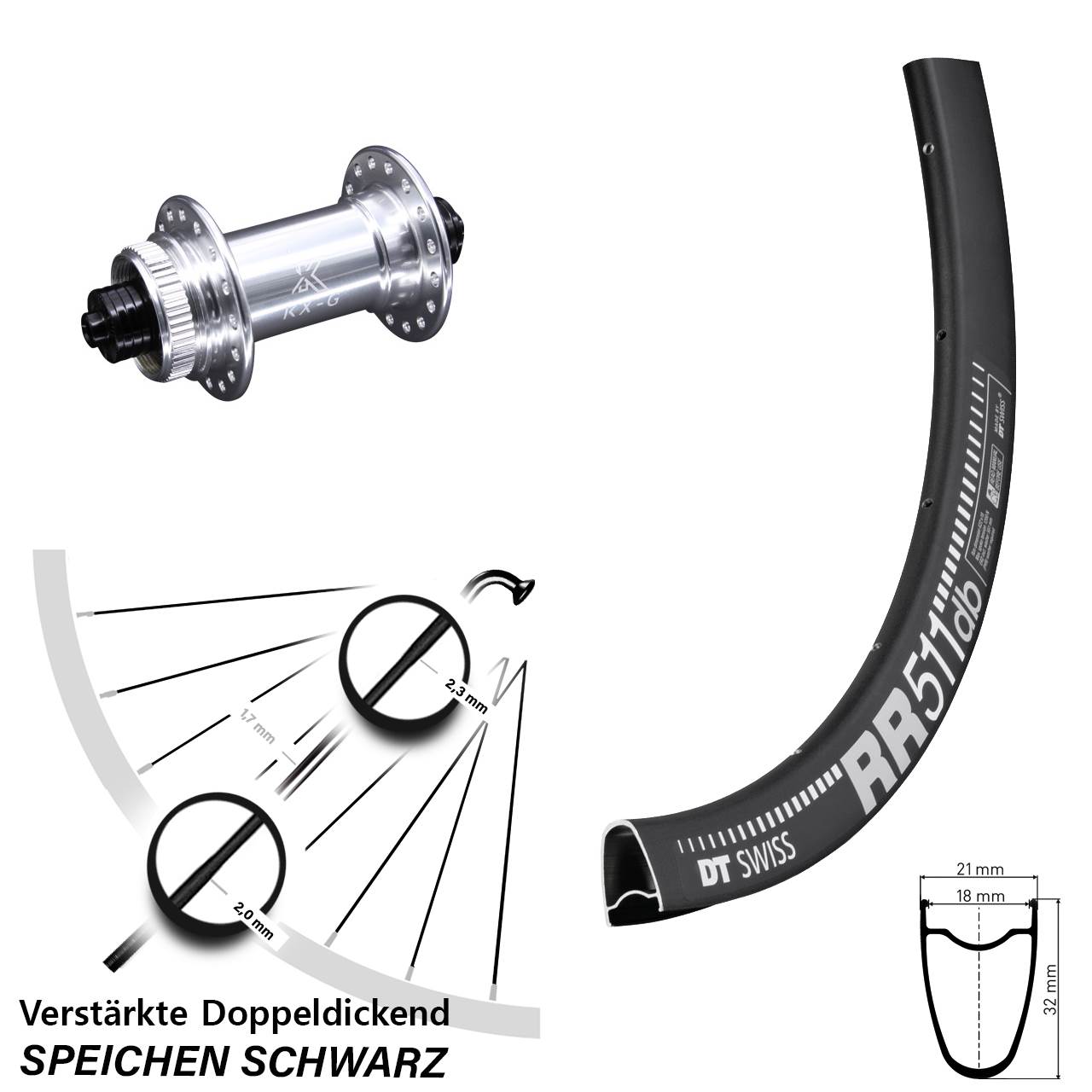 28 Zoll Vorderrad KX-G silbern 5x100 mm Road Disc DT Swiss RR 511 DB Centerlock