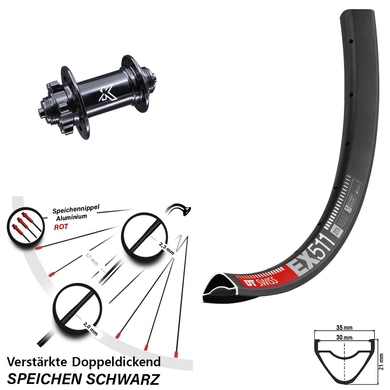 27,5 Zoll DT Swiss EX511 KX-M Disc Vorderrad für Schnellspanner