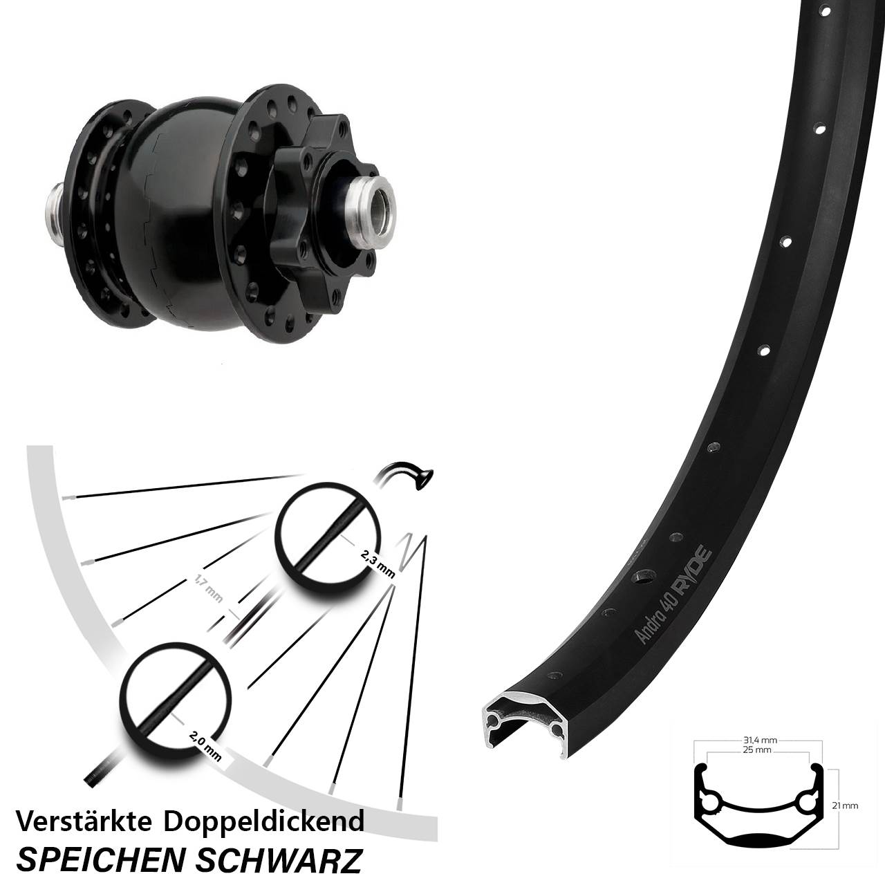 Vorderrad 26 Zoll Ryde Andra 40 SON 28 12x100 6-Loch schwarz