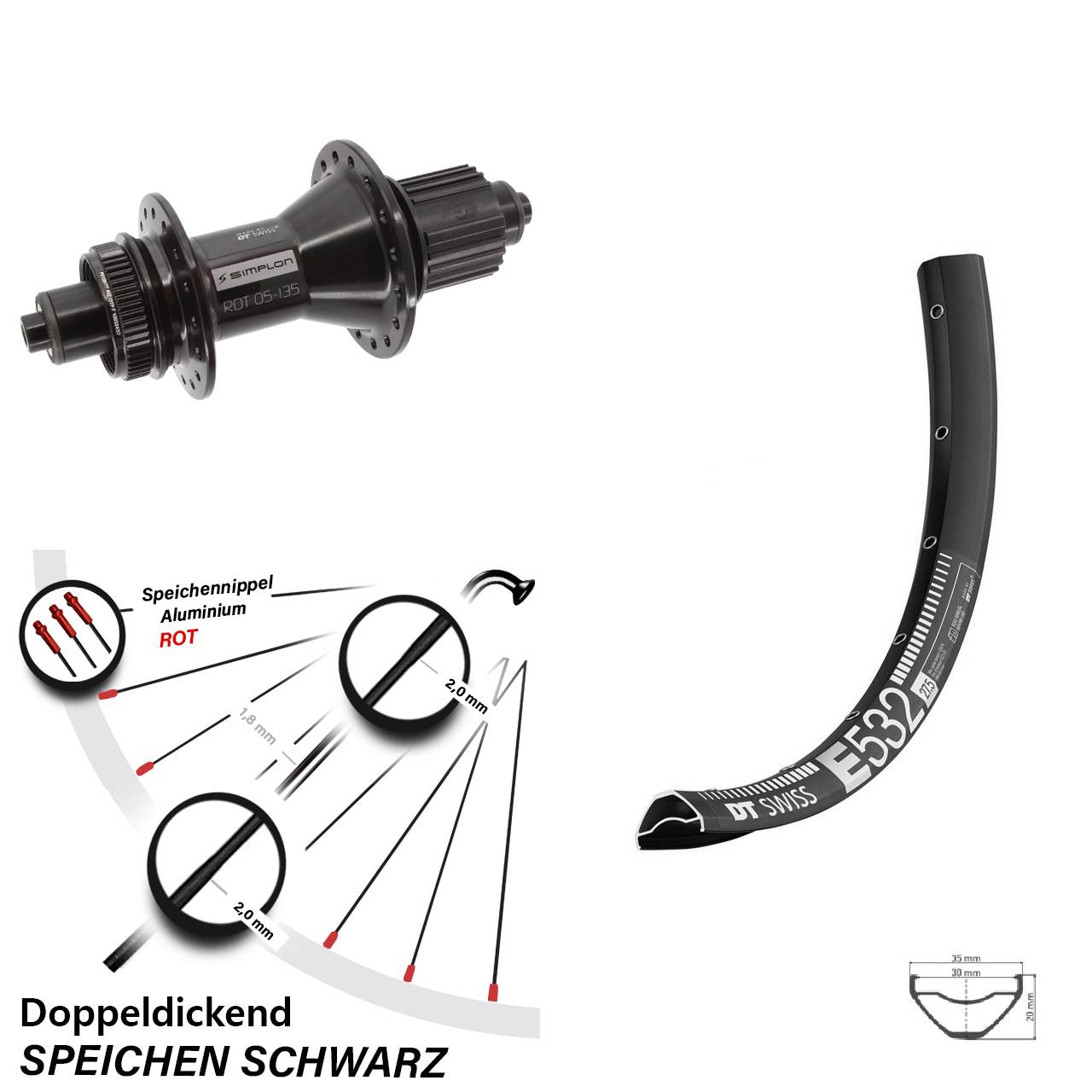 DT Swiss E 532-370 Hybrid 27,5 Zoll Disc Laufrad für Schnellspanner Shimano Micro Spline