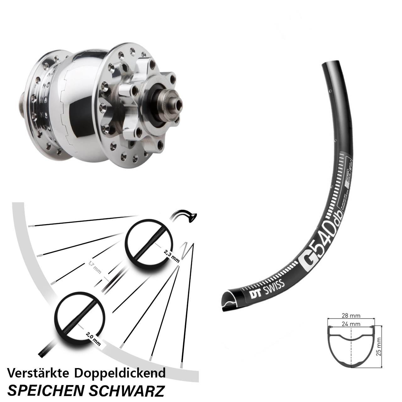 Disc Laufrad mit Nabendynamo 27,5 Zoll DT Swiss G540 SON 28 QR