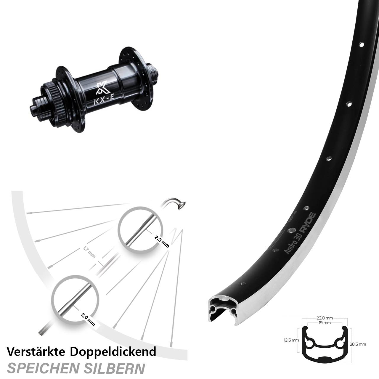 28 Zoll Vorderrad KX-E 5x100 mm Ryde Andra 30 schwarz