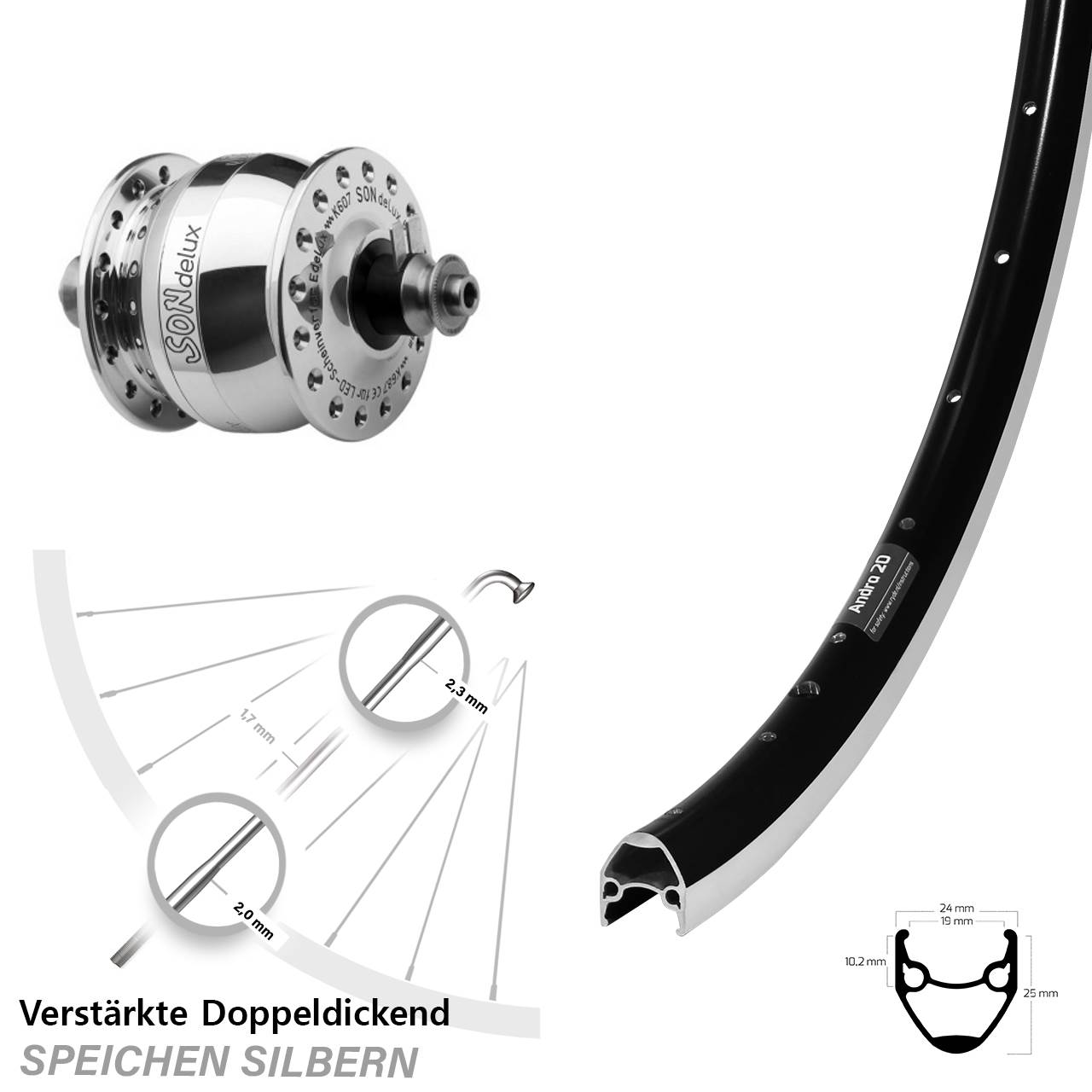 Vorderrad 28 Zoll Ryde Andra 20 schwarz SON delux Felgenbremse QR silbern poliert