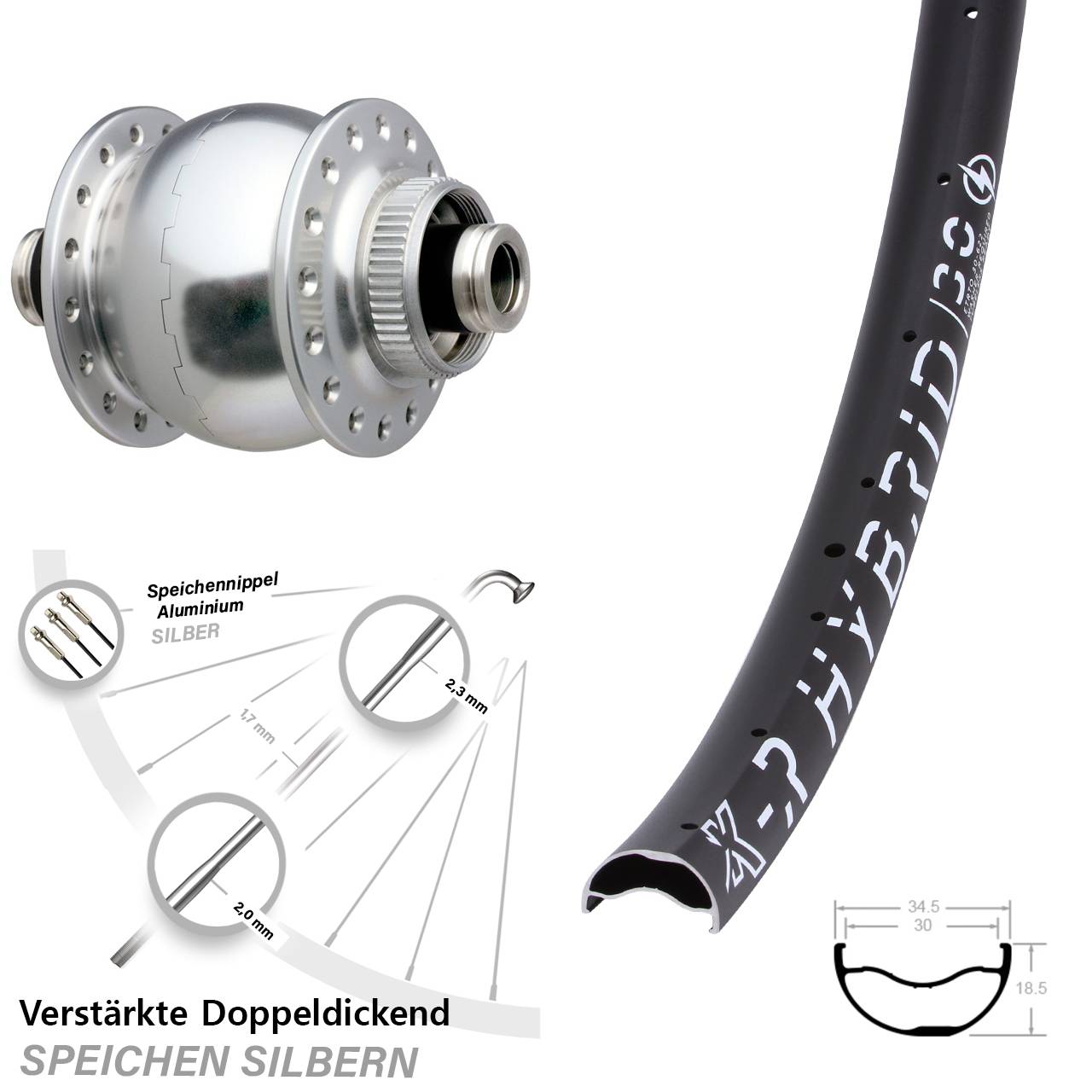 29 Zoll KX-R Hybrid 30 SON 28 silbern Dynamo-Vorderrad Centerlock 12x100