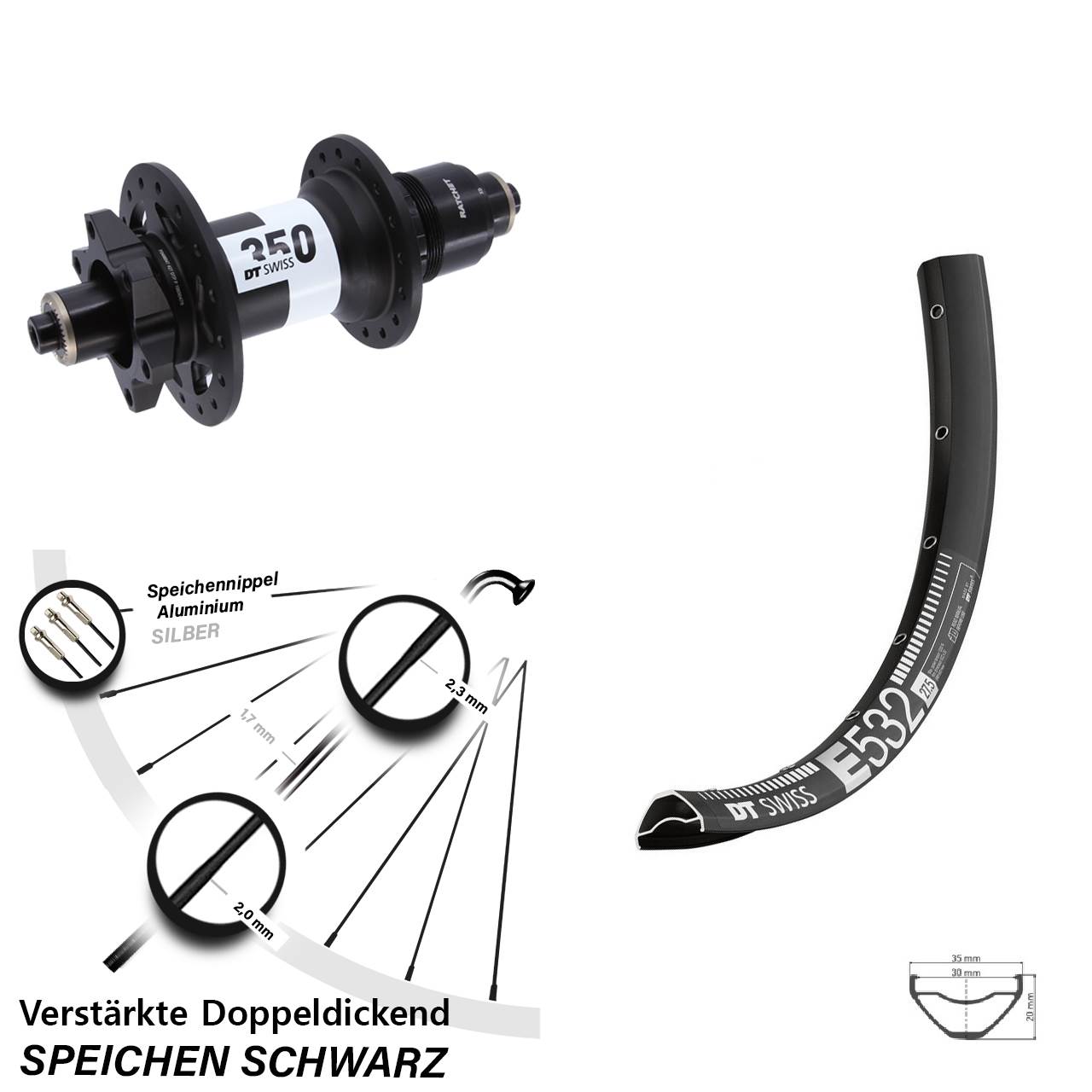 27,5 Zoll DT Swiss E 532-350 Hinterrad für Schnellsp. XD 11-12 fach