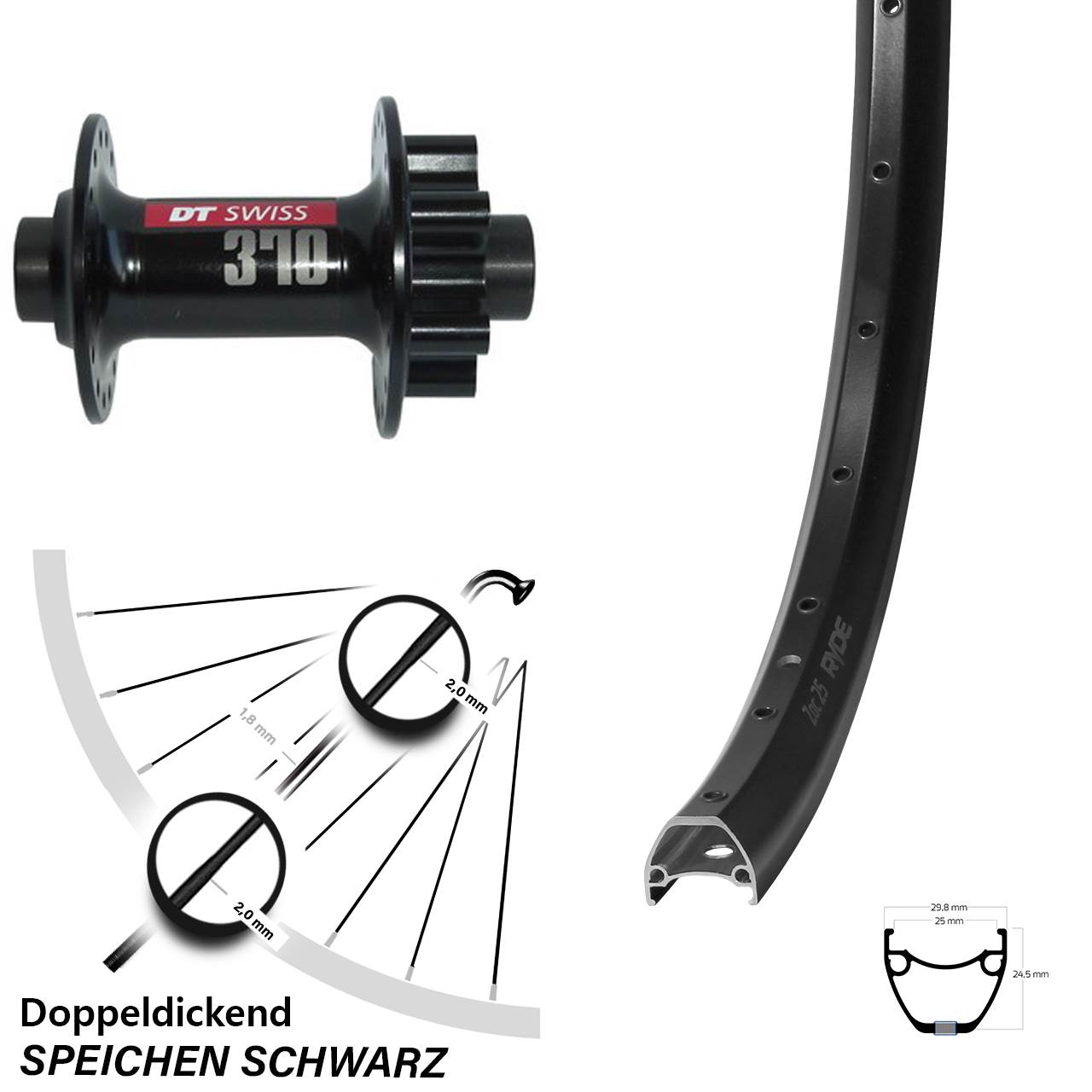 28-29 Zoll Ryde ZAC 25 DT Swiss 370 Disc Vorderrad 12x100