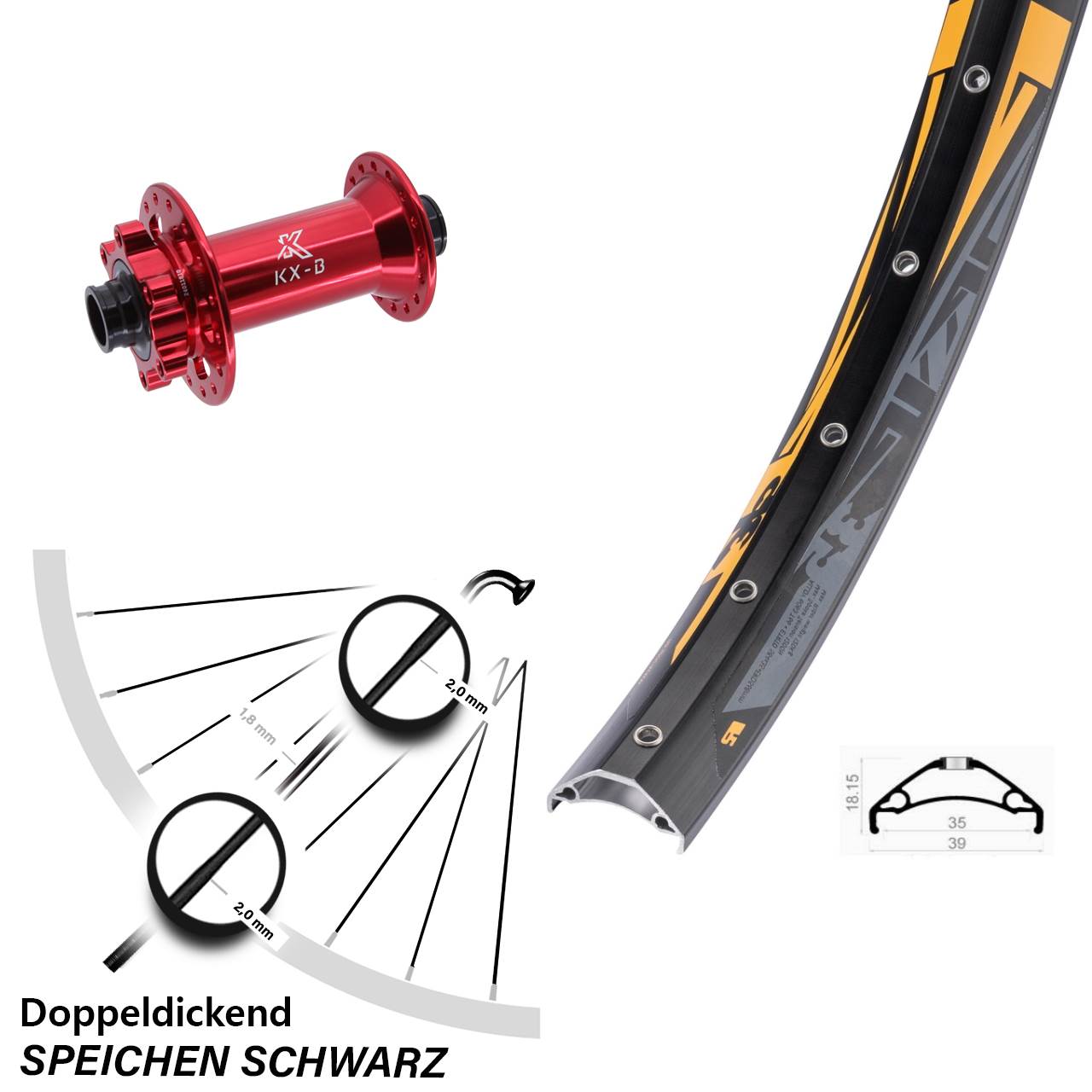 Vorderrad 6-Loch 27,5 Zoll Rodi TRYP 35 KX-B rot 15x110 Boost