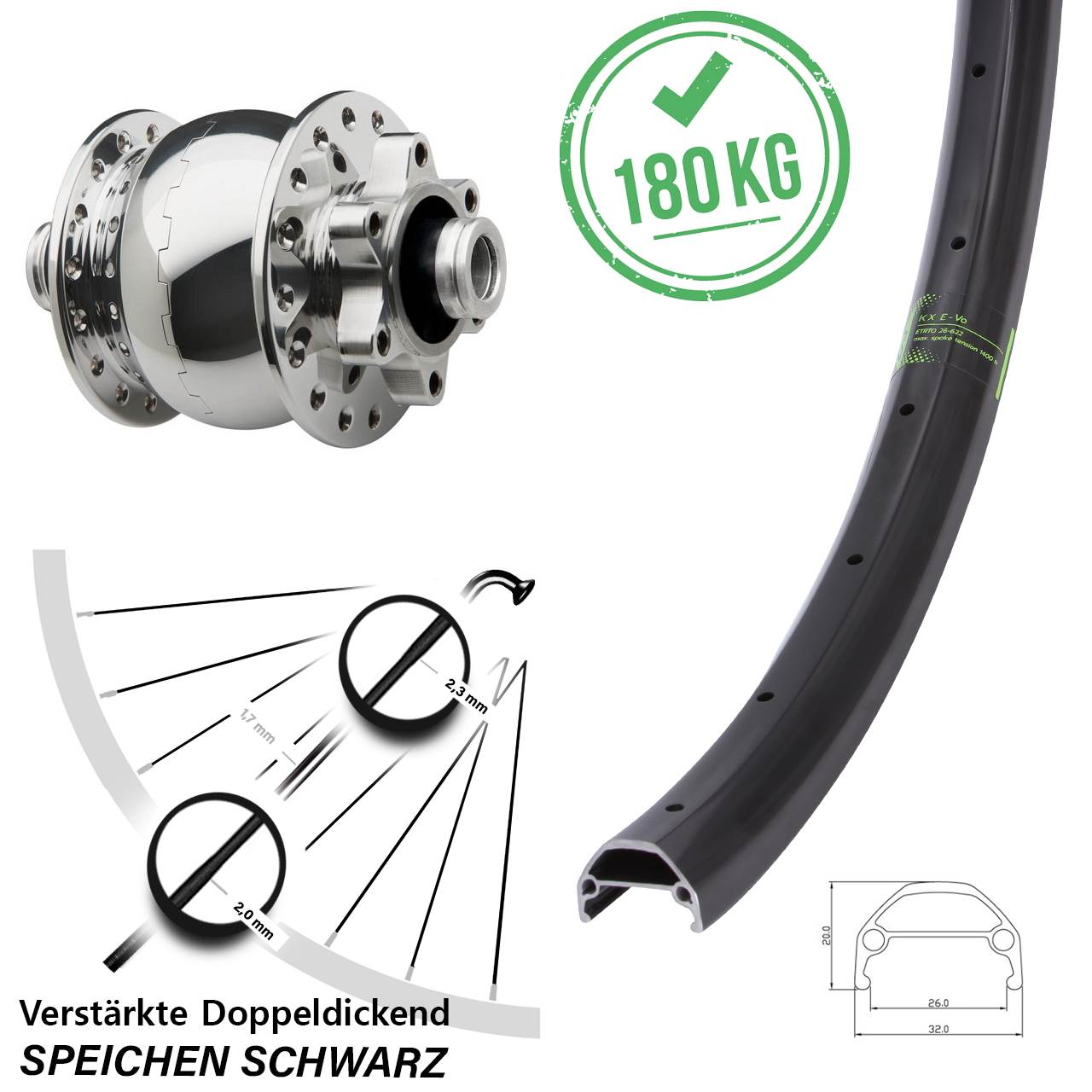 Vorderrad 26 Zoll KX Evo SON 28 12x100 6-Loch silbern poliert