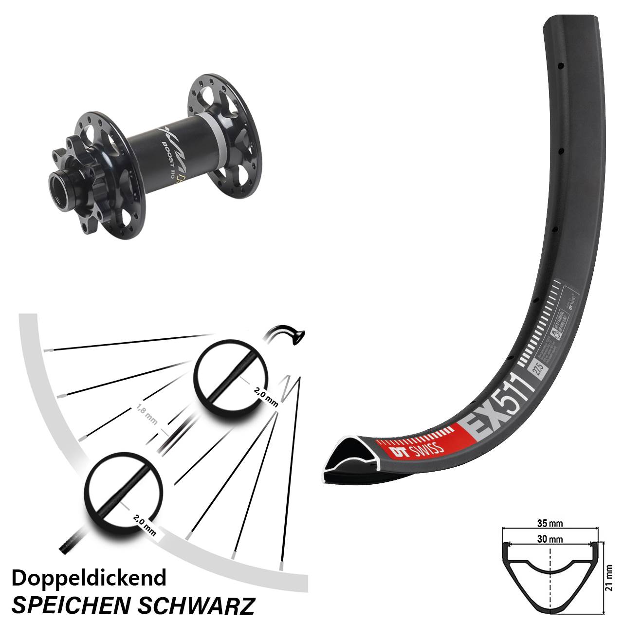 27,5 Zoll DT Swiss EX 511 Miche XMH 550 6-Loch Vorderrad 15x110 Boost