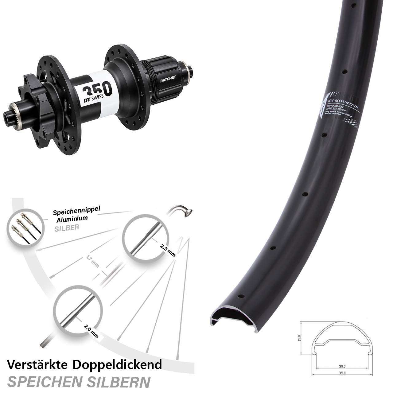 6-Loch Hinterrad 29 Zoll KX Mountain TR DT Swiss 350 XD für Schnellspanner