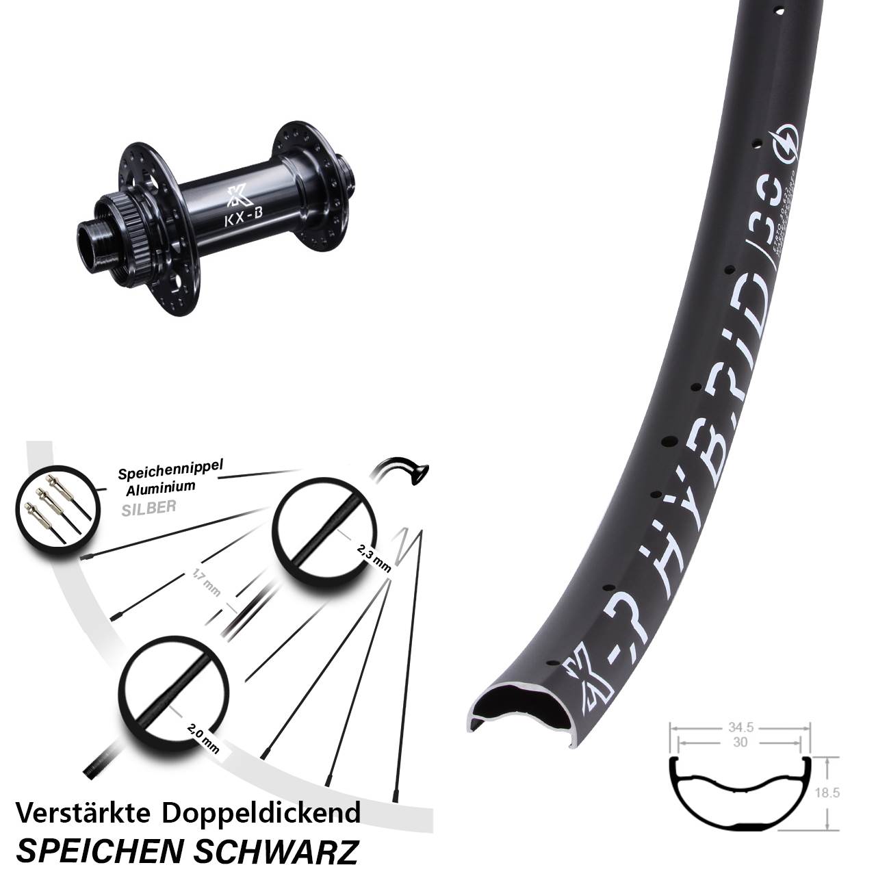 Vorderrad E-Bike 29 Zoll Boost 15x110 mm verstärkt KX-BR Hybrid Centerlock leicht