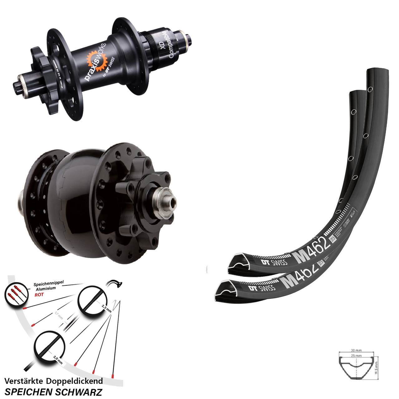 27,5 Zoll DT Swiss M 462-350 SON 28 6-Loch Laufradsatz QR SRAM XD