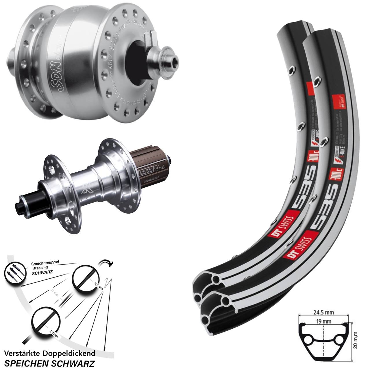 Laufradsatz für Schnellspanner 26 Zoll DT Swiss 535 KX-T SON delux 8-12 fach HG