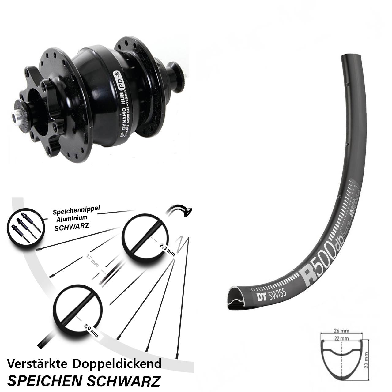 DT Swiss R 500 Shutter PD-8 28-29 Zoll Disc Vorderrad mit Nabendynamo für Schnellspanner