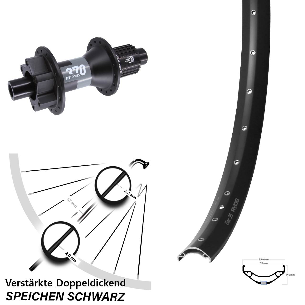 Hinterrad 12x148 Boost 29 Zoll Ryde Disc 35 DT Swiss 370 Shimano Micro Spline