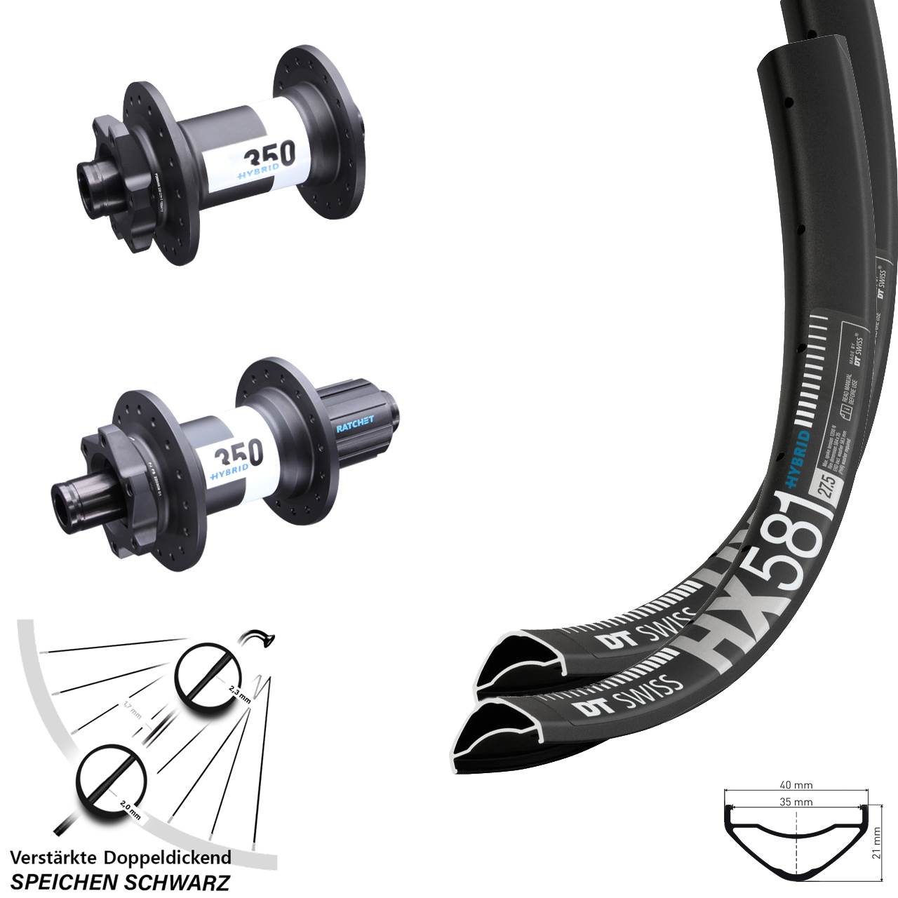 Laufrad-Satz 27,5 Zoll HX 581 DT Swiss 350 Hybrid 8-11 fach HG 15x110 12x148 Boost