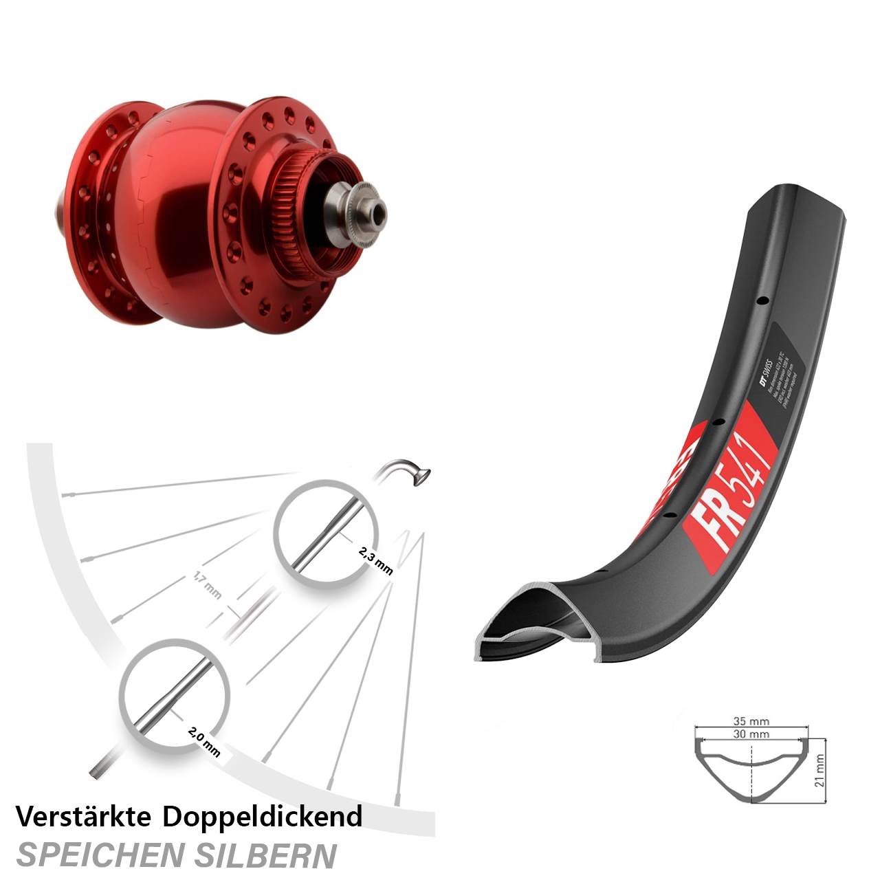 Disc Vorderrad mit Nabendynamo für Schnellspanner 29 Zoll DT Swiss FR 541 SONdelux rot