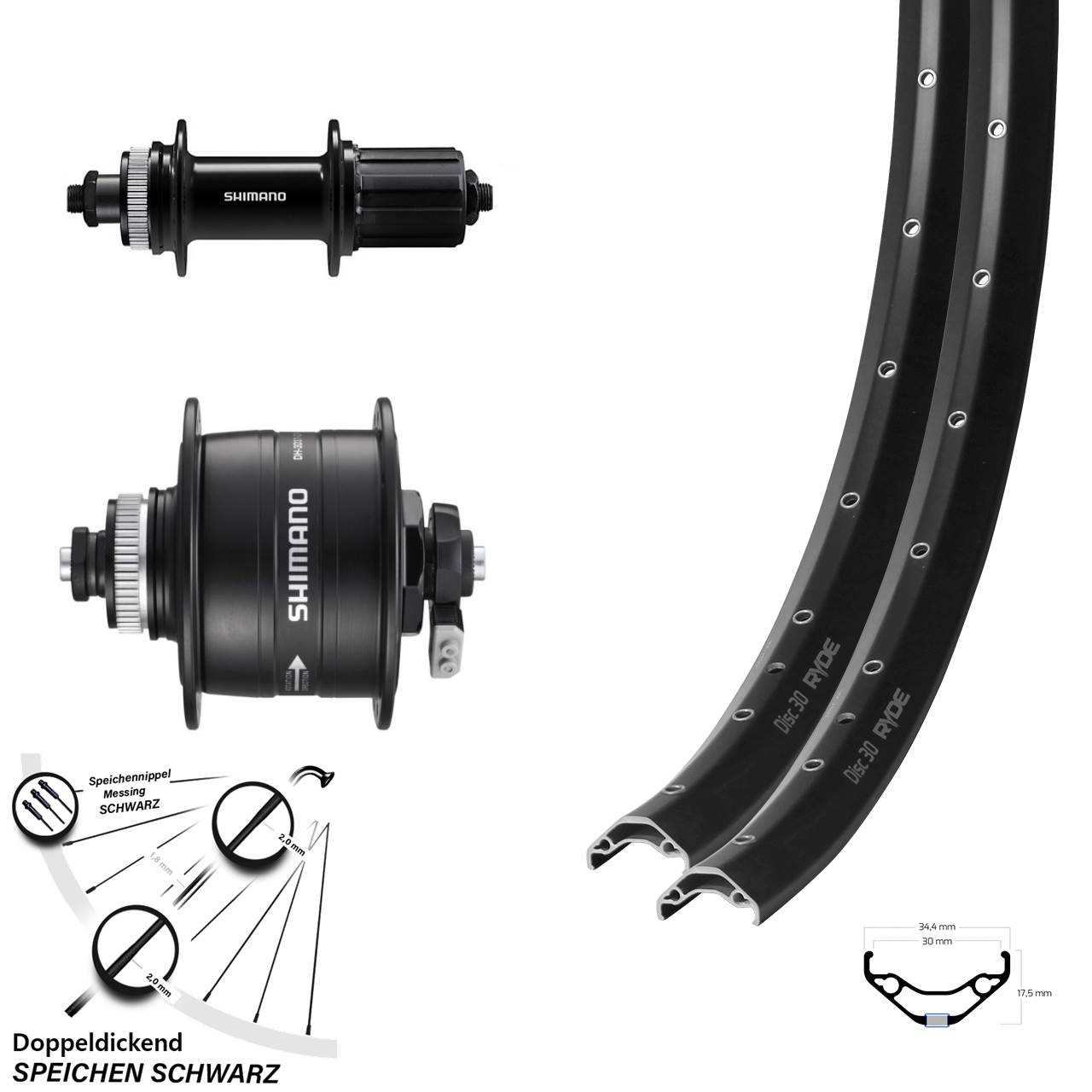 Ryde Disc 30 Shimano DH-3D37 FH-QC400 27,5 Zoll Centerlock Laufradsatz QR 8-11 fach