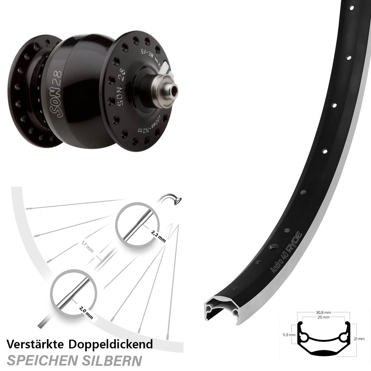 SON 28 Ryde Andra 40 26 Zoll Nabendynamovorderrad für Schnellspanner