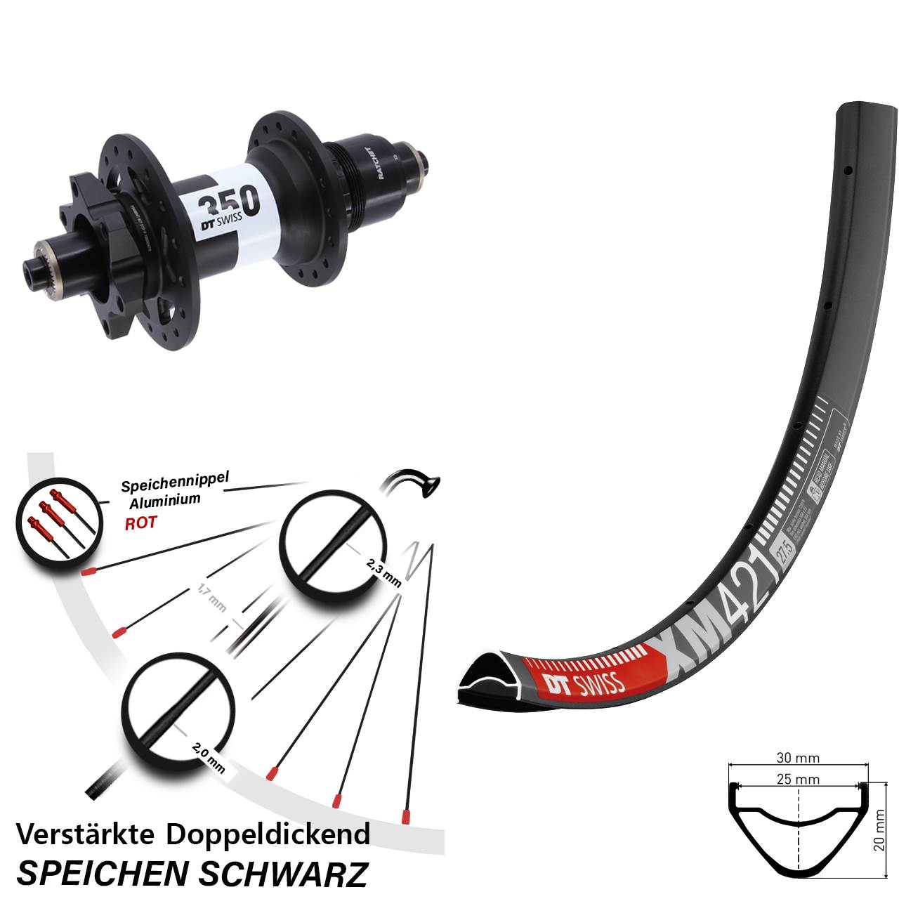 6-Loch Hinterrad 27,5 Zoll DT Swiss XM 421 350 SRAM XD für Schnellspanner