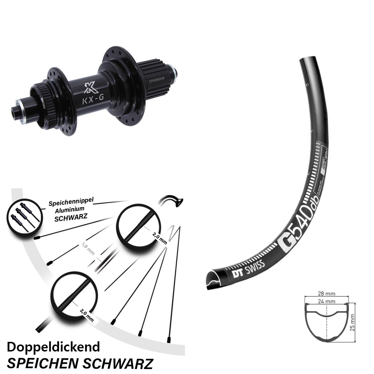 Hinterrad 28 Zoll DT Swiss G540 Disc KX-GS Centerlock Micro Spline schwarz