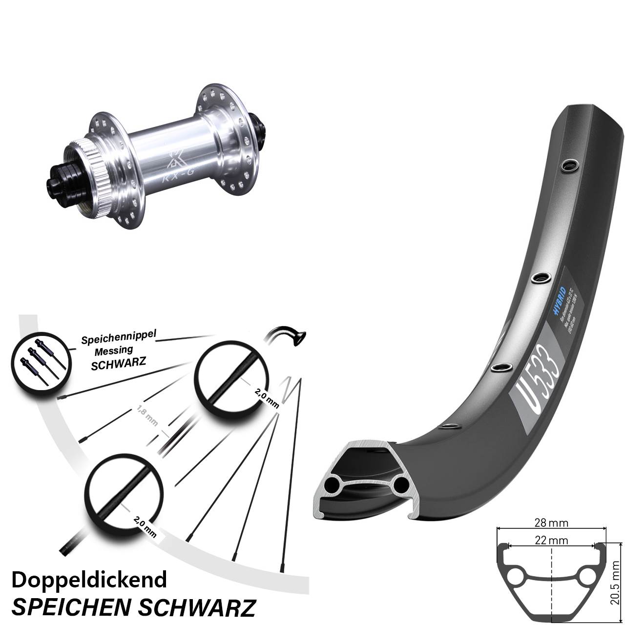 Laufrad 27,5 Zoll DT Swiss U533 KX-G Centerlock 5/100 silbern
