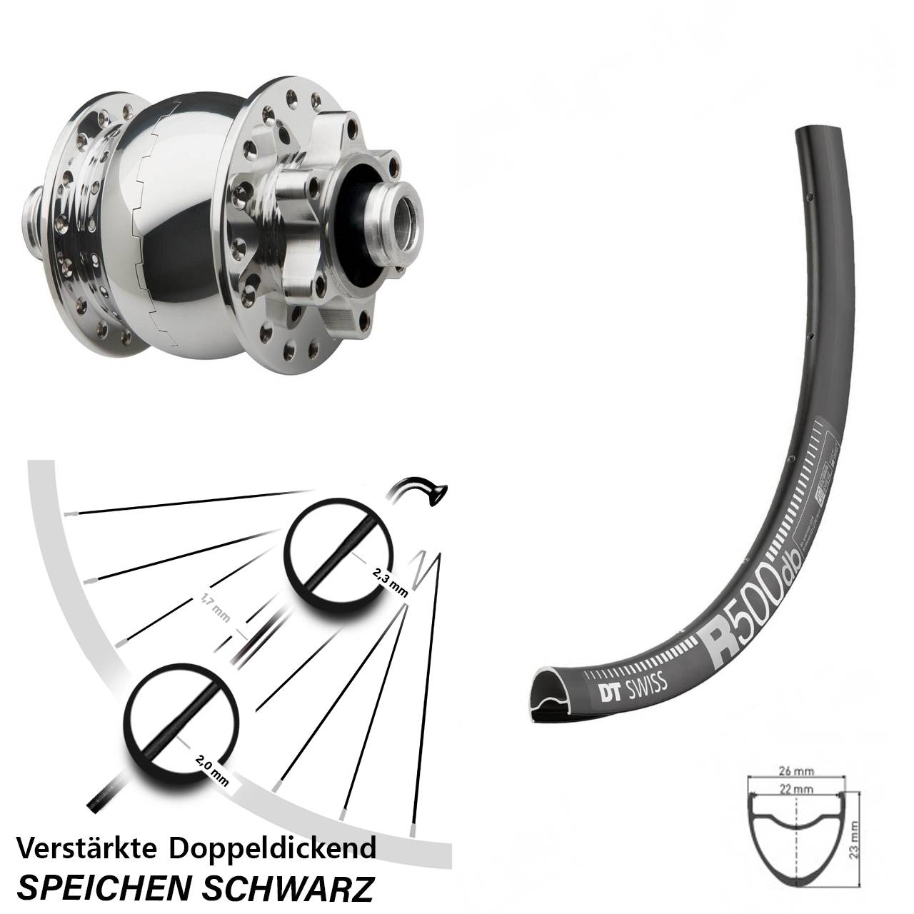 Vorderrad Dynamo DT Swiss R 500 SON 28-12x100 Disc silbern poliert