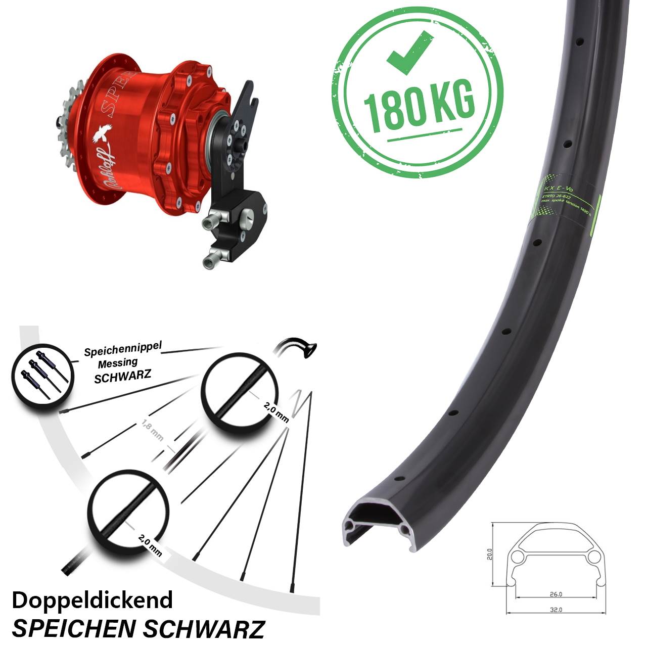 Disc Hinterrrad 26 Zoll KX Evo Rohloff Speedhub 500/14 CC DB OEM2 rot