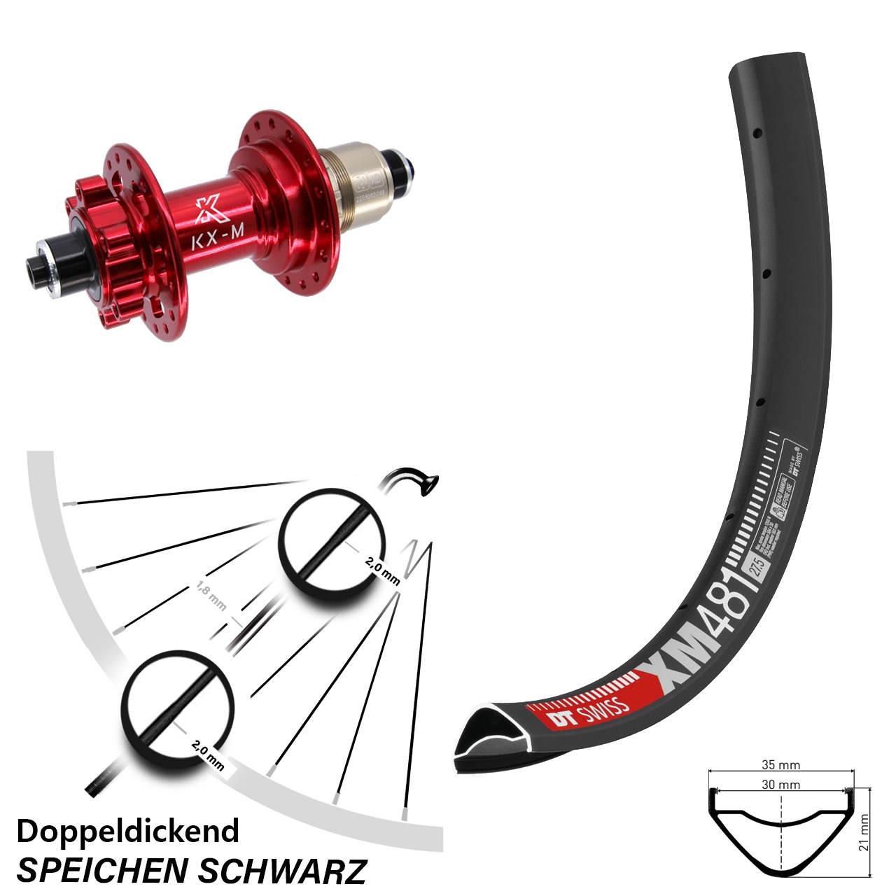 27,5 Zoll DT Swiss XM481 KX-M rot 6-Loch Hinterrad QR XD