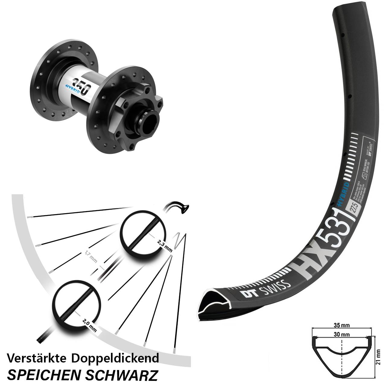 Disc Laufrad 27,5 Zoll DT Swiss HX 531 Hybrid 350 für Schnellspanner