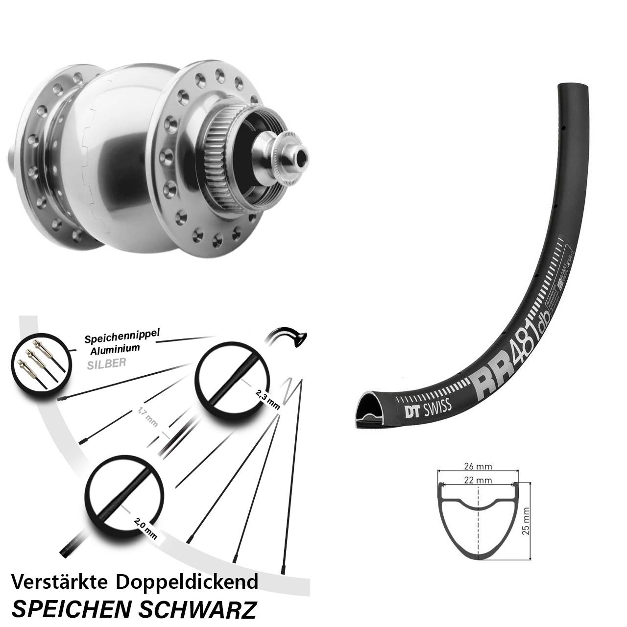 Nabendynamo Road Disc SON 28 Zoll DT Swiss RR 481 Vorderrad silbern eloxiert 5x100 mm