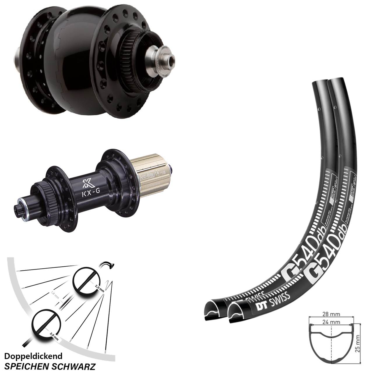 Laufradsatz Gravel DT Swiss G 540 mit Nabe KX-G Shimano Dynamo SON delux Disc