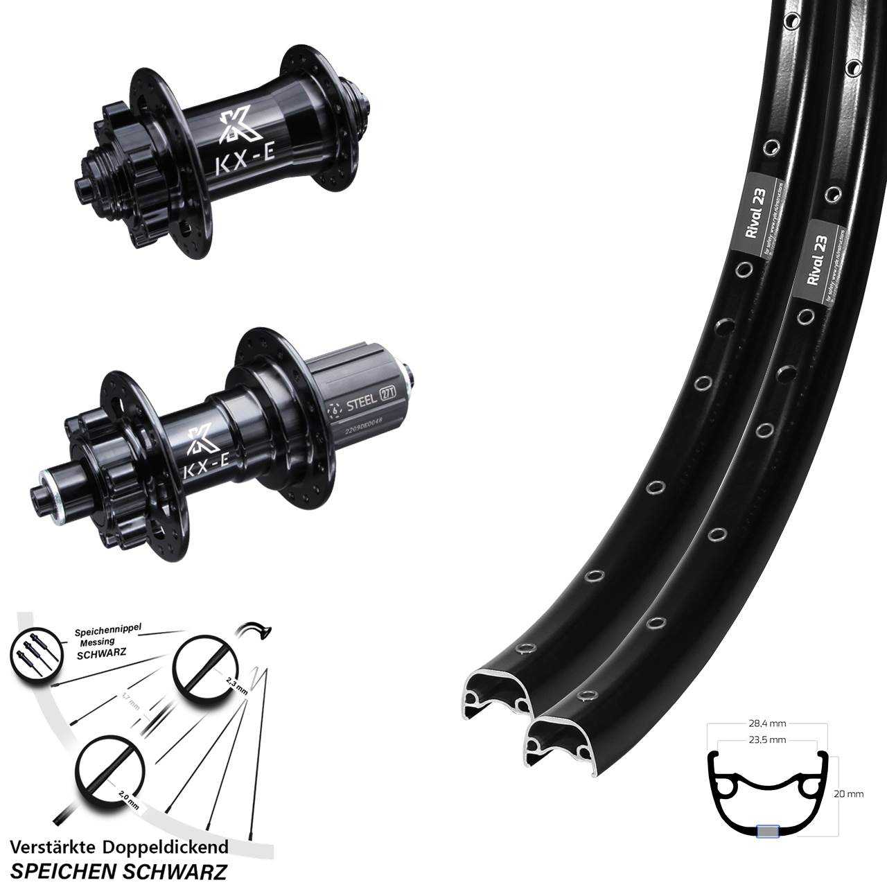 27,5 Zoll Laufradsatz Ryde Rival 23 KX-E Naben verstärkt 100x135mm Shimano