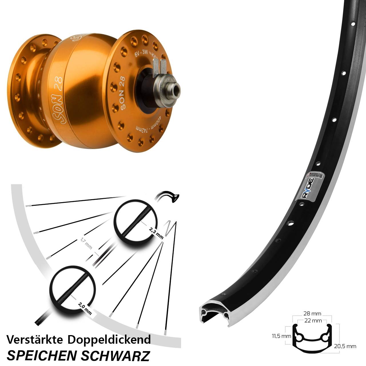Nabendynamo-Vorderrad QR 650B Ryde Andra35 SON 28 orange