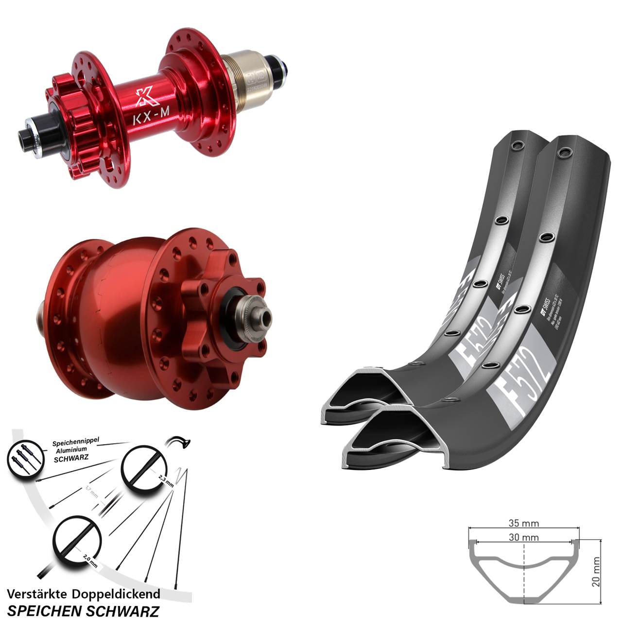 27,5 Zoll DT Swiss F 572 KX-M rot SON 28 Disc Laufradsatz für Schnellspanner XD 11-12 fach