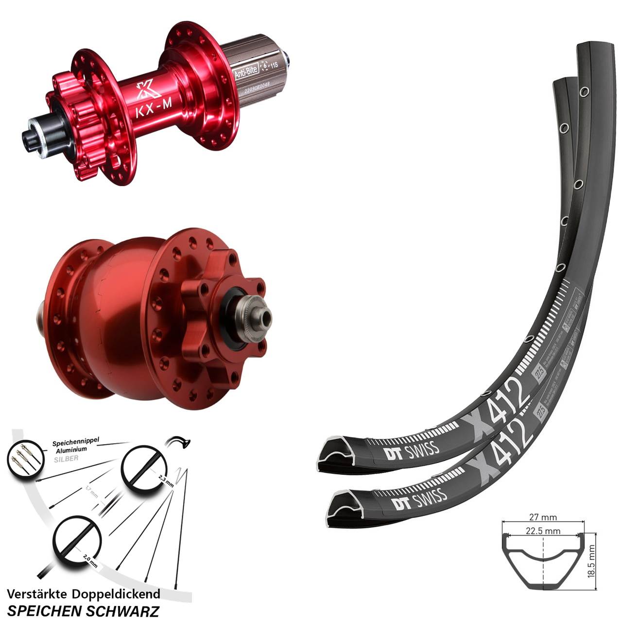 DT Swiss X 412 KX-M rot SON 28 Disc 6-Loch 29 Zoll Laufrad-Satz QR 8-12 fach HG