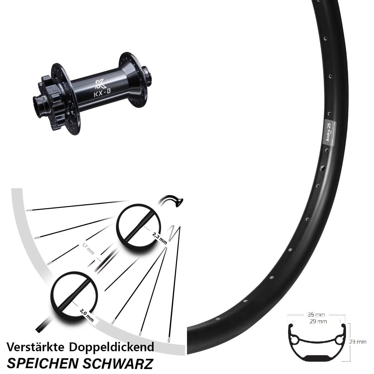 E-Bike Vorderrad KX-B 15x110 mm 6-loch Disc Ryde Andra 29 Zoll Heavy Duty