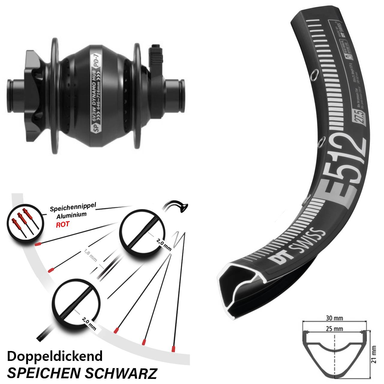 MTB Vorderrad 29 Zoll DT Swiss E-512 Shutter Precision PD-7 Nabendynamo