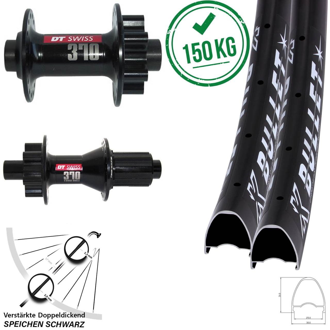 6-Loch Laufradsatz 29 Zoll KX Bullet OS DT Swiss 370 8-11 fach 12x100/142