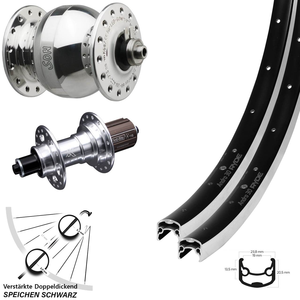 Laufradsatz für Schnellspanner 26 Zoll Ryde Andra 30 KX-T SONdelux wide body 8-12 fach