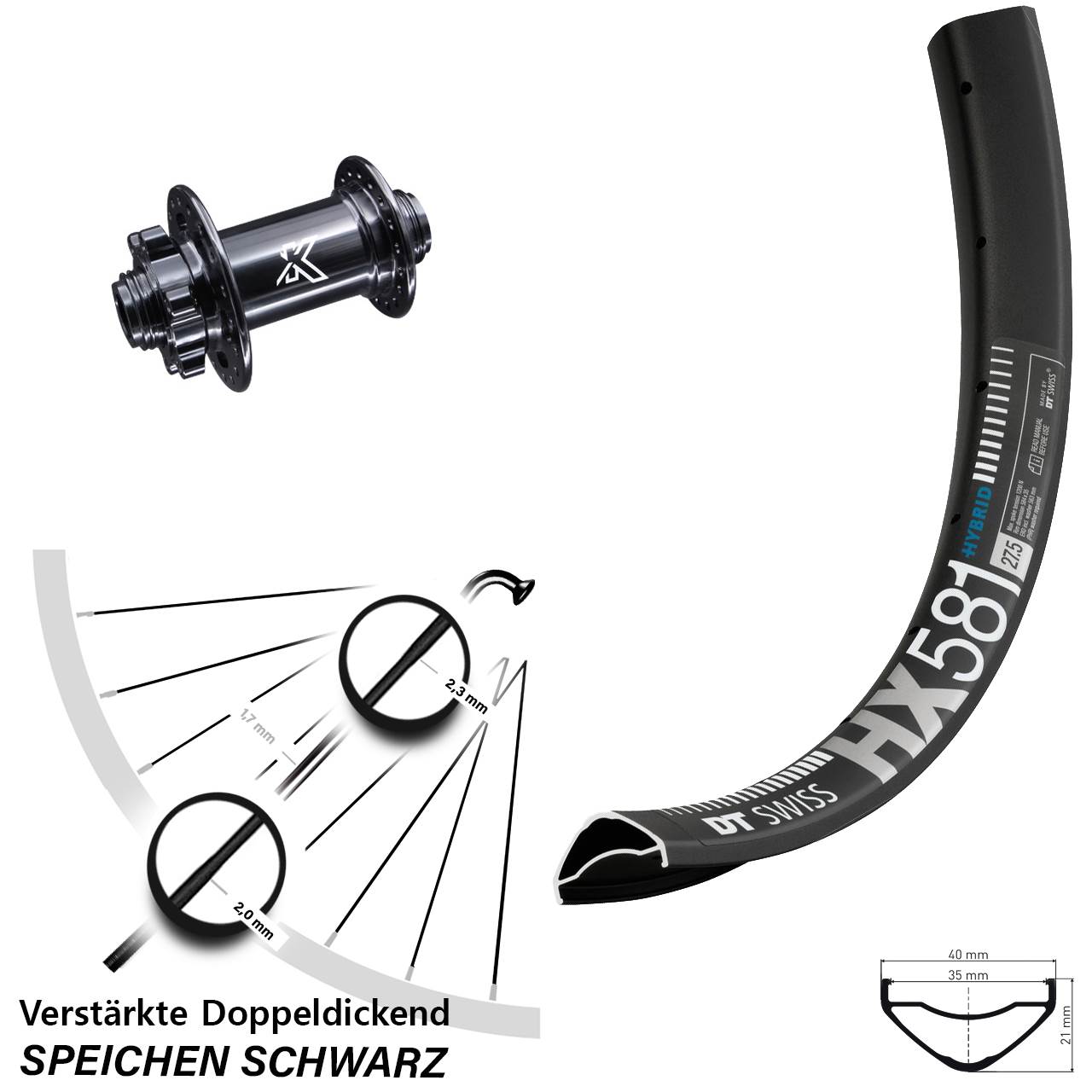 6-Loch Vorderrad 27,5 Zoll DT Swiss HX 581 KX-M 12x100